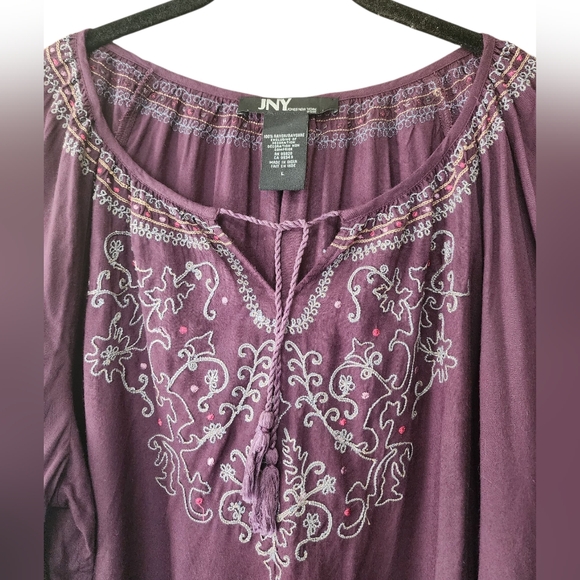 JONES NEW YORK plum purple peasant style embroidered blouse, size L - Picture 2 of 7